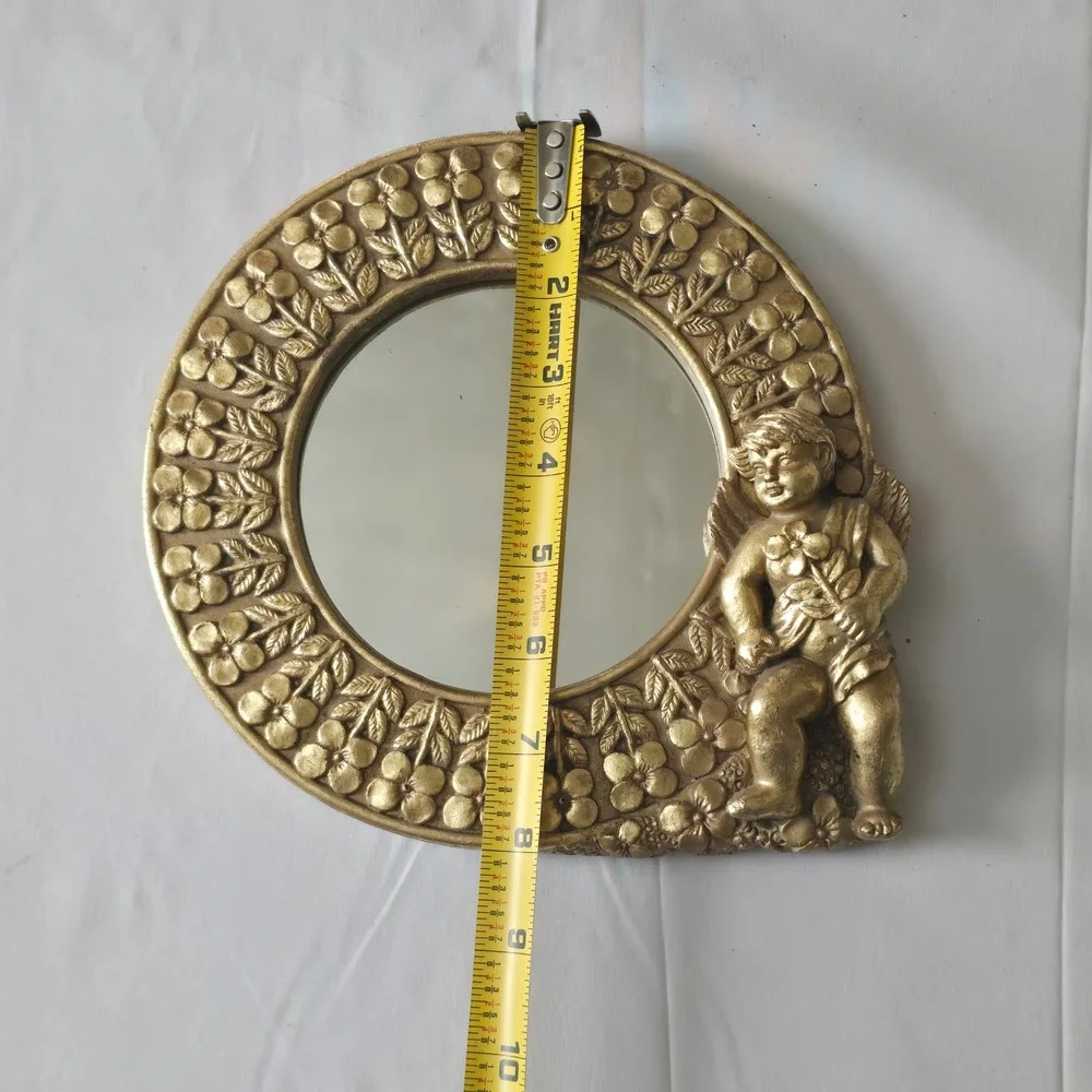 Vintage Gold Cherub Wall Mirror Floral Angel Frame Hollywood Regency 8.5in